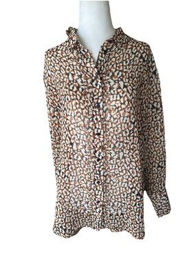 MNG Animal Print Tie Sheer Blouse Womens Size 2 Long Sleeve Button Down